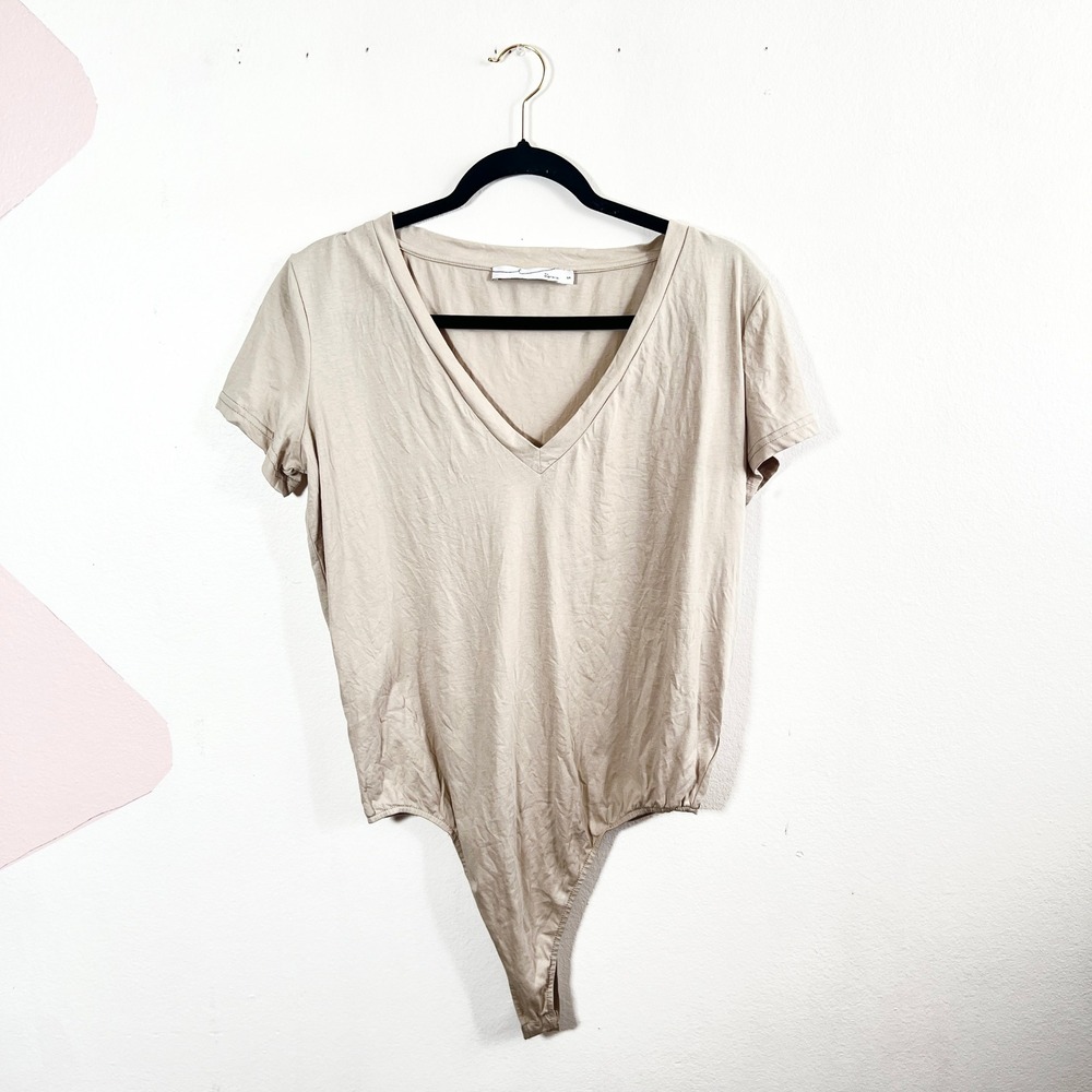 By Egreis Bye T Shirt Bodysuit Womens Small Short Sleeve 100% Cotton Thong Beige